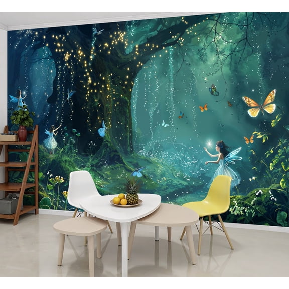 Peel and Stick Wallpaper Wall Murals Ethereal Forest Fairy Dance Butterfly Fairy Lights 69"H x 96"W Removable Wall Paper Self-Adhesive Wall Decor for Bedroom Living Room Nursery
