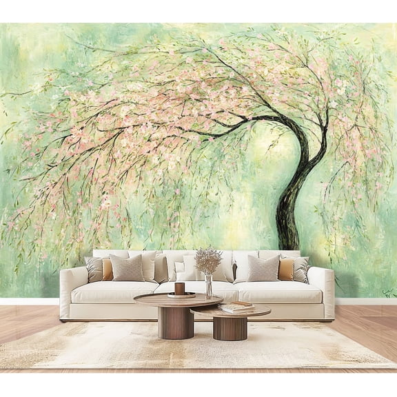 Peel and Stick Wallpaper Wall Murals Floral Flower Tree Modern Sage Green Decorative 100"H x 144"W Removable PVC Wall Paper Self-Adhesive Wall Paintings Art Decor for Bedroom Living Room