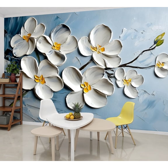 Peel and Stick Wallpaper Wall Murals Flower Gray White Blue Floral Flowers Yellow 69"H x 96"W Removable Wall Paper Self-Adhesive Wall Decor for Bedroom Living Room Nursery