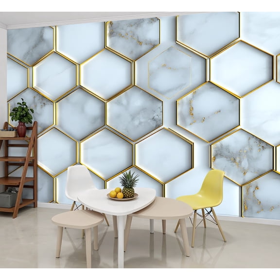 Peel and Stick Wallpaper Wall Murals Geometric Hexagon Hexagonal Shapes Golden Lines 69"H x 96"W Removable Wall Paper Self-Adhesive Wall Decor for Bedroom Living Room Nursery