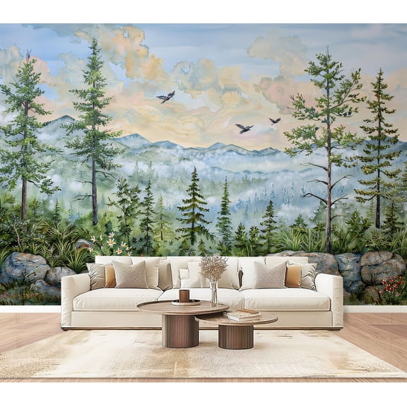 Peel and Stick Wallpaper Wall Murals Green Forest Woodland Nursery Room Pine Trees 100"H x 144"W Removable PVC Wall Paper Self-Adhesive Wall Paintings Art Decor for Bedroom Living Room