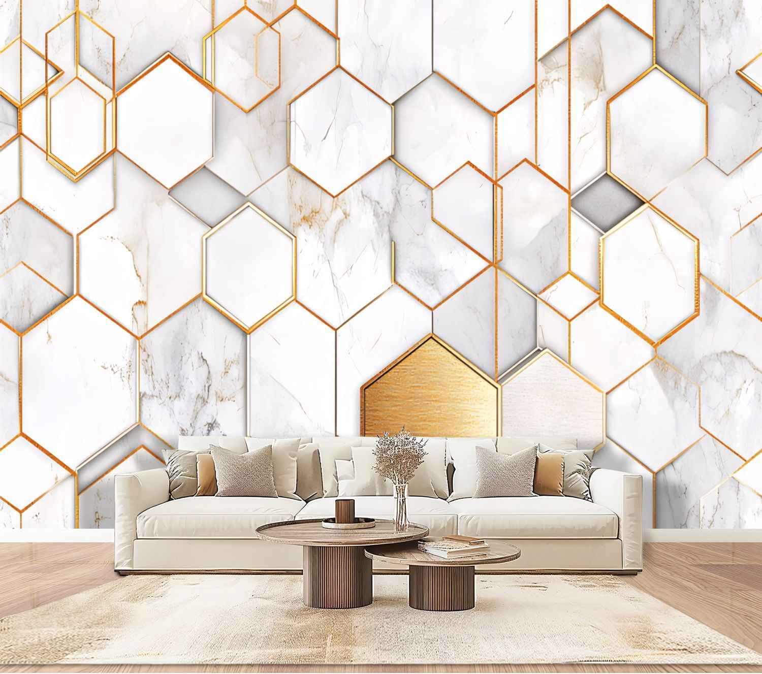 Peel and Stick Wallpaper Wall Murals Hexagonal Patterns Gold Outlines ...