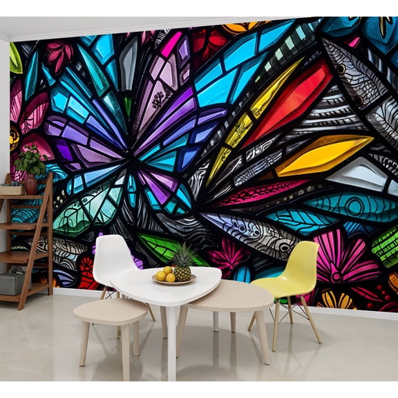 Peel and Stick Wallpaper Wall Murals Intricate Butterfly Flower Scene Stained Glass 69"H x 96"W Removable Wall Paper Self-Adhesive Wall Decor for Bedroom Living Room Nursery