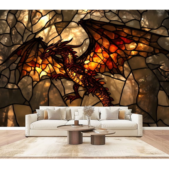 Peel and Stick Wallpaper Wall Murals Intricate Dragon Stained Glass Piece Adventure 100"H x 144"W Removable PVC Wall Paper Self-Adhesive Wall Paintings Art Decor for Bedroom Living Room
