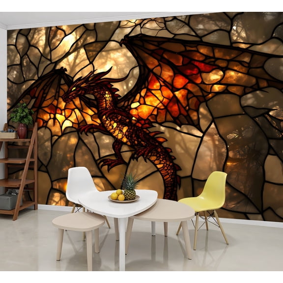 Peel and Stick Wallpaper Wall Murals Intricate Dragon Stained Glass Piece Adventure 69"H x 96"W Removable Wall Paper Self-Adhesive Wall Decor for Bedroom Living Room Nursery