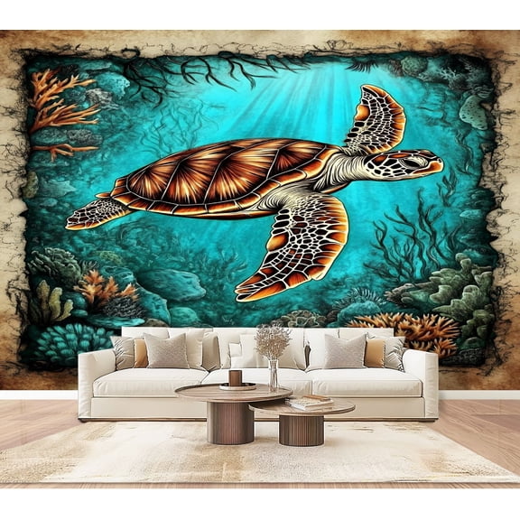Peel and Stick Wallpaper Wall Murals Intricate Sea Turtle Sketch Vintage Parchment 100"H x 144"W Removable PVC Wall Paper Self-Adhesive Wall Paintings Art Decor for Bedroom Living Room