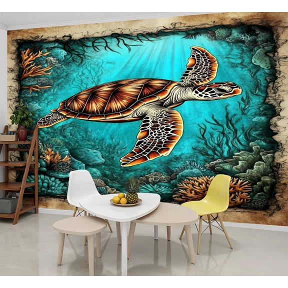 Peel and Stick Wallpaper Wall Murals Intricate Sea Turtle Sketch Vintage Parchment 69"H x 96"W Removable Wall Paper Self-Adhesive Wall Decor for Bedroom Living Room Nursery