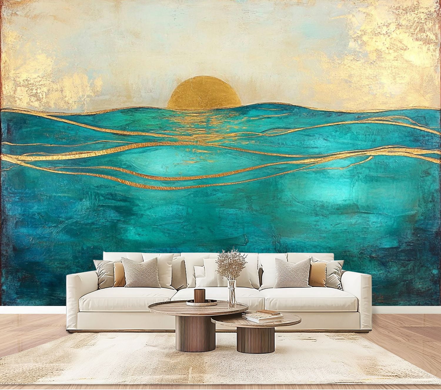 Peel and Stick Wallpaper Wall Murals Lake Sky Golden Sun Abstract Waves ...