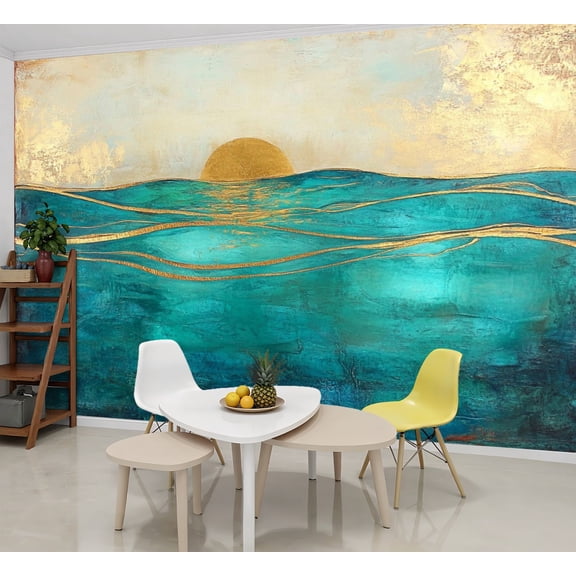 Peel and Stick Wallpaper Wall Murals Lake Sky Golden Sun Abstract Waves Blue Ocean 69"H x 96"W Removable Wall Paper Self-Adhesive Wall Decor for Bedroom Living Room Nursery