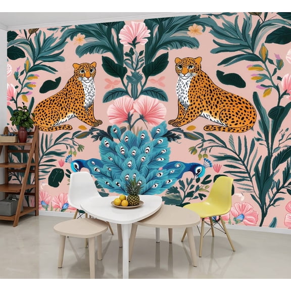 Peel and Stick Wallpaper Wall Murals Leopard Jungle Animal Boho Leaf Leopards Peacocks 69"H x 96"W Removable Wall Paper Self-Adhesive Wall Decor for Bedroom Living Room Nursery