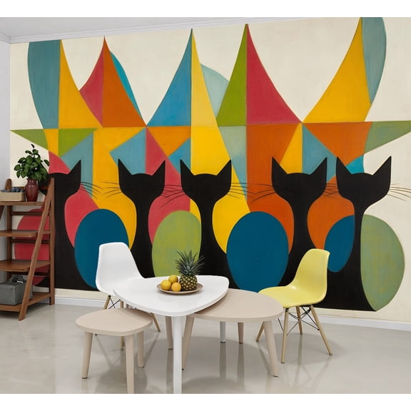 Peel and Stick Wallpaper Wall Murals Mid Century Black Cat Retro Atomic Starburst 69"H x 96"W Removable Wall Paper Self-Adhesive Wall Decor for Bedroom Living Room Nursery