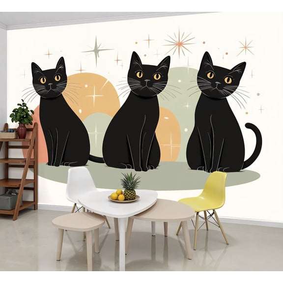 Peel and Stick Wallpaper Wall Murals Mid Century Black Cat Retro Atomic Starburst 69"H x 96"W Removable Wall Paper Self-Adhesive Wall Decor for Bedroom Living Room Nursery