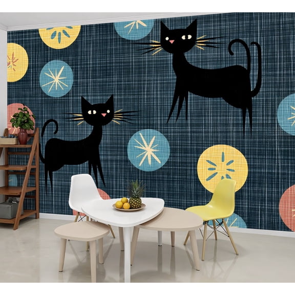 Peel and Stick Wallpaper Wall Murals Mid Century Black Cat Retro Atomic Starburst 69"H x 96"W Removable Wall Paper Self-Adhesive Wall Decor for Bedroom Living Room Nursery