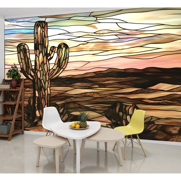 Peel and Stick Wallpaper Wall Murals Mosaic Stained Glass Art Cactus Earthy Tones 69"H x 96"W Removable Wall Paper Self-Adhesive Wall Decor for Bedroom Living Room Nursery