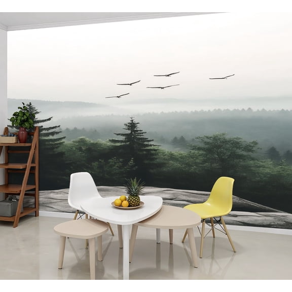 Peel and Stick Wallpaper Wall Murals Mountain Foggy Forest Tree Landscape Misty 69"H x 96"W Removable Wall Paper Self-Adhesive Wall Decor for Bedroom Living Room Nursery