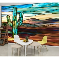 Peel and Stick Wallpaper Wall Murals Multi Dimensional Stained Glass Western Desert 69"H x 96"W Removable Wall Paper Self-Adhesive Wall Decor for Bedroom Living Room Nursery