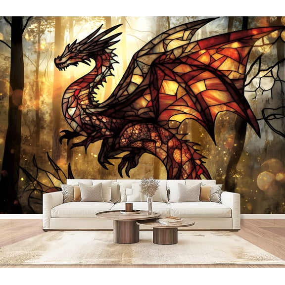 Peel and Stick Wallpaper Wall Murals Mystical Forest Dragon Stained Glass Art Fiery Red 100"H x 144"W Removable PVC Wall Paper Self-Adhesive Wall Paintings Art Decor for Bedroom Living Room