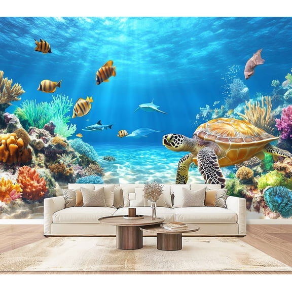 Peel and Stick Wallpaper Wall Murals Ocean Reef Coral Reefs Sea Turtle Tropical Fish 100"H x 144"W Removable PVC Wall Paper Self-Adhesive Wall Paintings Art Decor for Bedroom Living Room