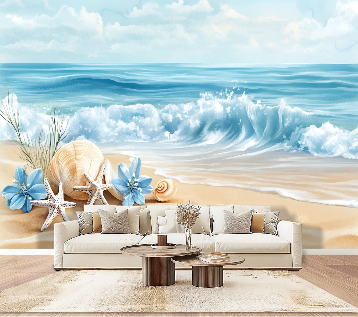 Peel and Stick Wallpaper Wall Murals Ocean Waves Sea Shells Starfish ...