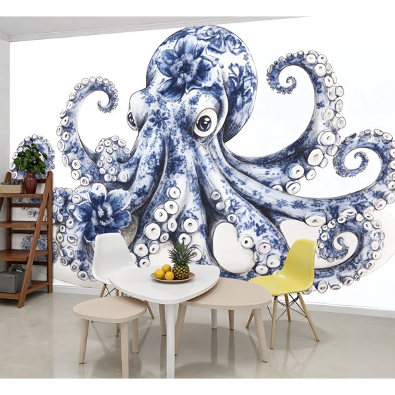 Peel and Stick Wallpaper Wall Murals Octopus Ocean Marine Navy Nautical Floral Patterns 69"H x 96"W Removable Wall Paper Self-Adhesive Wall Decor for Bedroom Living Room Nursery