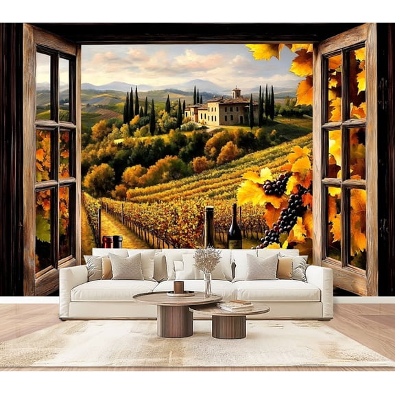 Peel and Stick Wallpaper Wall Murals Open Window Tuscany View Nature Frame Style 100"H x 144"W Removable PVC Wall Paper Self-Adhesive Wall Paintings Art Decor for Bedroom Living Room
