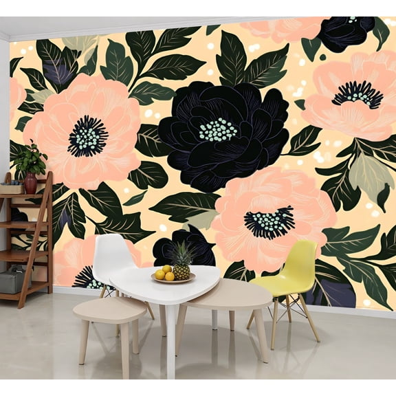 Peel and Stick Wallpaper Wall Murals Peach Flowers Black Flowers Green Leaves Botanical 69"H x 96"W Removable Wall Paper Self-Adhesive Wall Decor for Bedroom Living Room Nursery