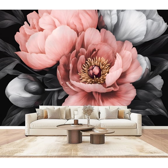 Peel and Stick Wallpaper Wall Murals Peony Flower Pink Petals Yellow Stamen Gray Leaves 100"H x 144"W Removable PVC Wall Paper Self-Adhesive Wall Paintings Art Decor for Bedroom Living Room