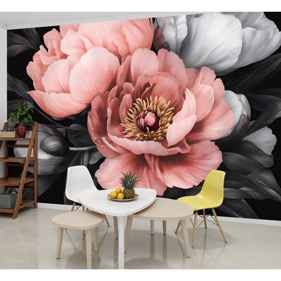 Peel and Stick Wallpaper Wall Murals Peony Flower Pink Petals Yellow Stamen Gray Leaves 69"H x 96"W Removable Wall Paper Self-Adhesive Wall Decor for Bedroom Living Room Nursery