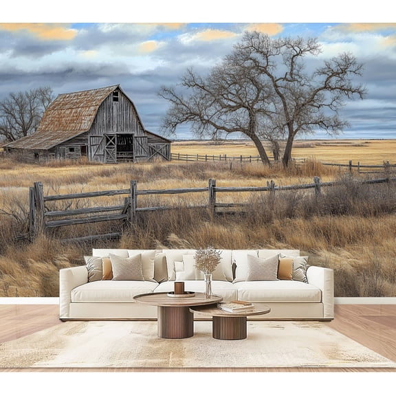 Peel and Stick Wallpaper Wall Murals Rustic Farmhouse Vintage Barn Country Field 100"H x 144"W Removable PVC Wall Paper Self-Adhesive Wall Paintings Art Decor for Bedroom Living Room