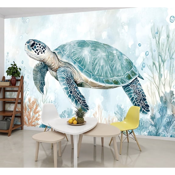Peel and Stick Wallpaper Wall Murals Sea Turtle Teal Coral Seaweed Bubbles Ocean 69"H x 96"W Removable Wall Paper Self-Adhesive Wall Decor for Bedroom Living Room Nursery