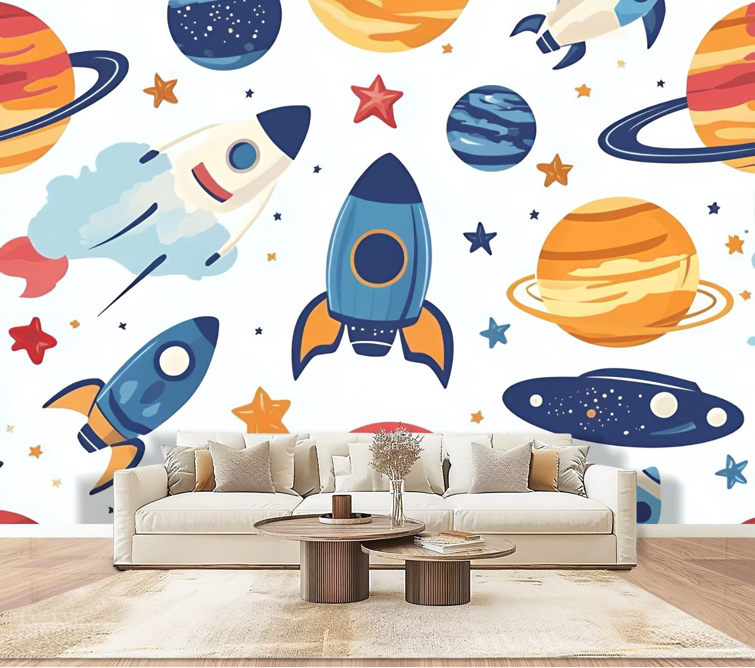 Peel and Stick Wallpaper Wall Murals Space Cartoon Planets Rockets ...