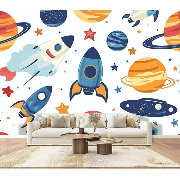 Peel and Stick Wallpaper Wall Murals Space Cartoon Planets Rockets Planets 100"H x 144"W Removable PVC Wall Paper Self-Adhesive Wall Paintings Art Decor for Bedroom Living Room