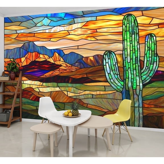 Peel and Stick Wallpaper Wall Murals Stunning Stained Glass Western Landscape Textured 69"H x 96"W Removable Wall Paper Self-Adhesive Wall Decor for Bedroom Living Room Nursery