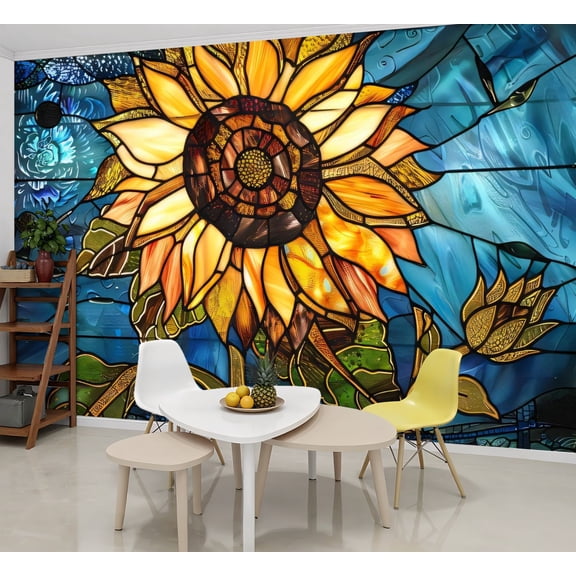 Peel and Stick Wallpaper Wall Murals Sunflower Stained Glass for Windows Home Decor 69"H x 96"W Removable Wall Paper Self-Adhesive Wall Decor for Bedroom Living Room Nursery