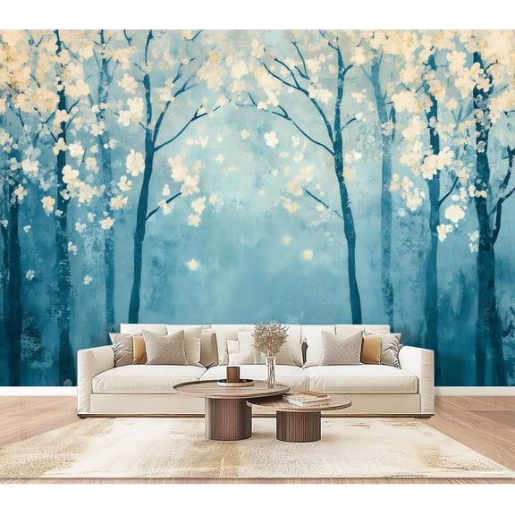 Peel and Stick Wallpaper Wall Murals Teal Landscape Blue Forest Textured Panoramic 100"H x 144"W Removable PVC Wall Paper Self-Adhesive Wall Paintings Art Decor for Bedroom Living Room