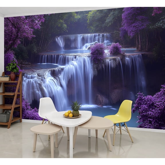 Peel and Stick Wallpaper Wall Murals Thai Forest Waterfall Purple Trees Landscape 69"H x 96"W Removable Wall Paper Self-Adhesive Wall Decor for Bedroom Living Room Nursery