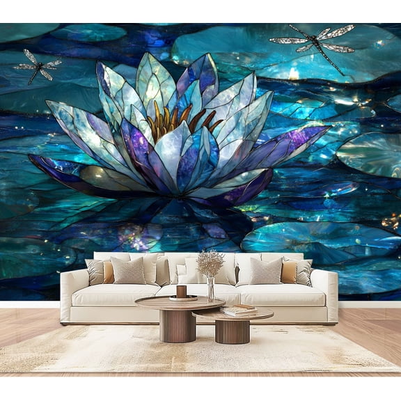 Peel and Stick Wallpaper Wall Murals Vibrant Stained Glass Waterlily Art Azure Violet 100"H x 144"W Removable PVC Wall Paper Self-Adhesive Wall Paintings Art Decor for Bedroom Living Room