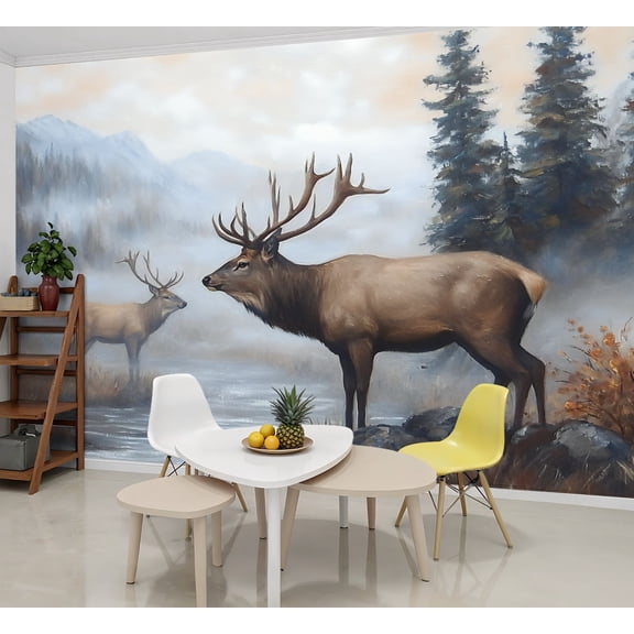 Peel and Stick Wallpaper Wall Murals Vintage Deer Forest Animal Mountain Lake Misty 69"H x 96"W Removable Wall Paper Self-Adhesive Wall Decor for Bedroom Living Room Nursery