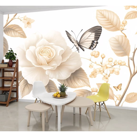 Peel and Stick Wallpaper Wall Murals Vintage Floral Cream Beige Flower Farmhouse Rose 69"H x 96"W Removable Wall Paper Self-Adhesive Wall Decor for Bedroom Living Room Nursery