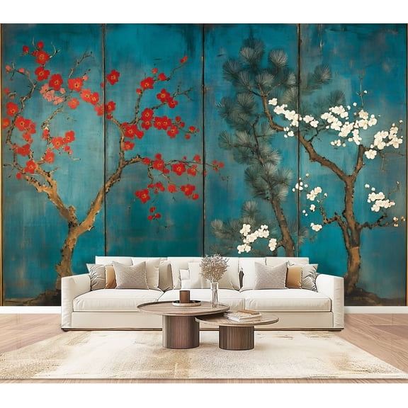 Peel and Stick Wallpaper Wall Murals Vintage Floral Decorative Flowering Branches Red 100"H x 144"W Removable PVC Wall Paper Self-Adhesive Wall Paintings Art Decor for Bedroom Living Room