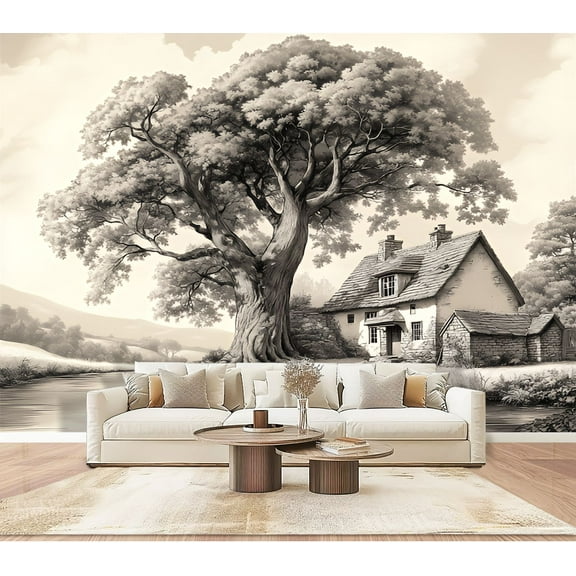 Peel and Stick Wallpaper Wall Murals Vintage Forest Woodland Large Trees Leaves River 100"H x 144"W Removable PVC Wall Paper Self-Adhesive Wall Paintings Art Decor for Bedroom Living Room