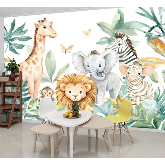 Peel and Stick Wallpaper Wall Murals Watercolor Jungle Animal Forest Lion Monkey 69"H x 96"W Removable Wall Paper Self-Adhesive Wall Decor for Bedroom Living Room Nursery
