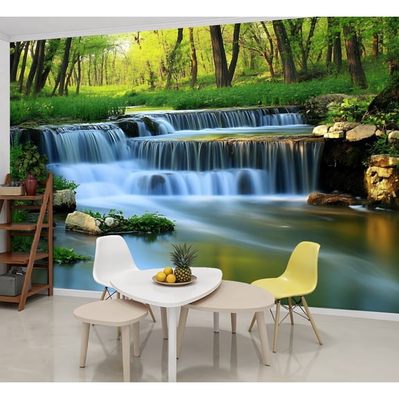 Peel and Stick Wallpaper Wall Murals Waterfall Landscape Nature Green Trees Rivers 69"H x 96"W Removable Wall Paper Self-Adhesive Wall Decor for Bedroom Living Room Nursery