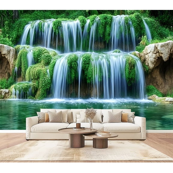 Peel and Stick Wallpaper Wall Murals Waterfall Nature Picture Landscape Green Forest 100"H x 144"W Removable PVC Wall Paper Self-Adhesive Wall Paintings Art Decor for Bedroom Living Room