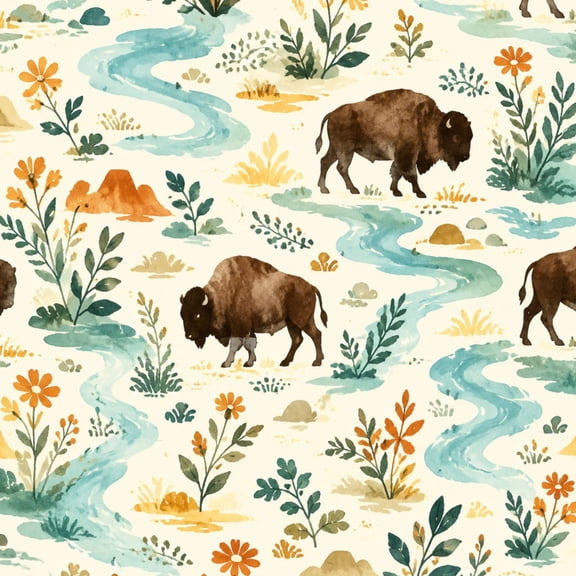 Peel and Stick Wallpaper Watercolor Bison Wildflowers Streams Wall Mural 23.6in x 9.8ft Self Adhesive Removable Wallpaper Renter Friendly for Nursery Bedroom Cabinets