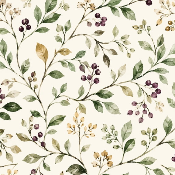 Peel and Stick Wallpaper Watercolor Botanical Branch Green Leaves Purple Berries Cream 24"x118" Contact Paper Removable Self Adhesive Waterproof Wall Decor for Bedroom Kitchen Cabinets
