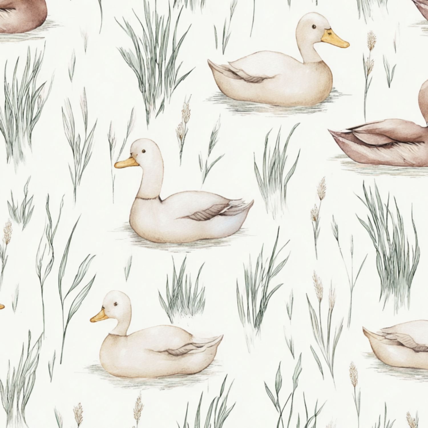 Peel and Stick Wallpaper Watercolor Ducks Seamless Reeds Soft Neutral Wall Mural 17.7in x 9.8ft Self Adhesive Removable Wall Paper Renter Friendly Wallpaper for Nursery Bedroom Cabinets