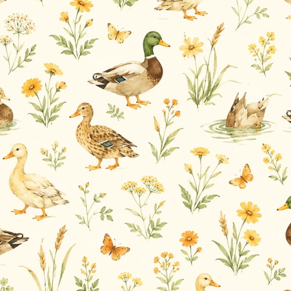 Peel and Stick Wallpaper Watercolor Ducks Wildflowers Butterflies Cream 17.7in x 118in Contact Paper Removable Self Adhesive Wall Mural Wall Decor for Bedroom Kitchen Cabinets