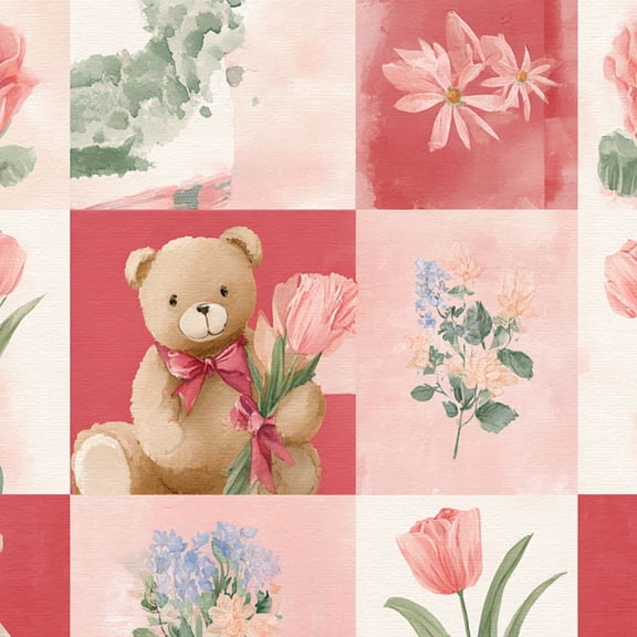 Peel and Stick Wallpaper Watercolor Floral Pink Tulips Teddy Bear Soft Pastel Palette Wall Mural 17.7in x 9.8ft Self Adhesive Removable Wall Paper Renter Friendly Wallpaper for Bedroom