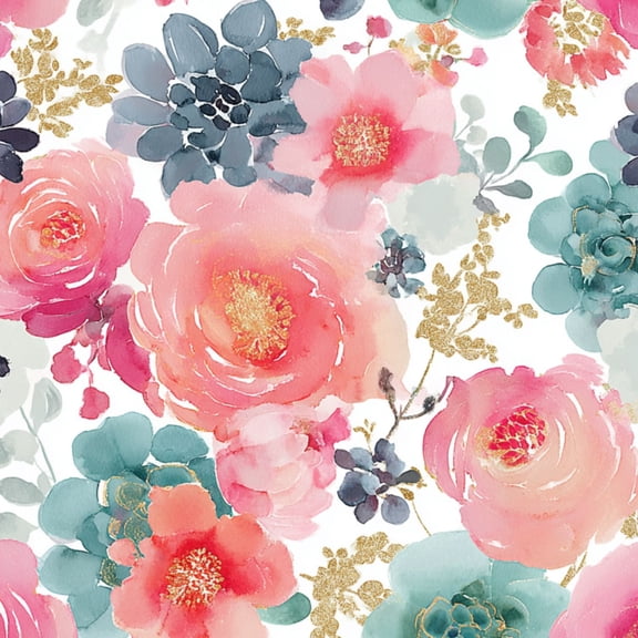 Peel and Stick Wallpaper Watercolor Floral Soft Pink Blue Flowers Golden Accents Wall Mural 17.7in x 9.8ft Self Adhesive Removable Wall Paper Renter Friendly Wallpaper for Nursery Bedroom Cabinets